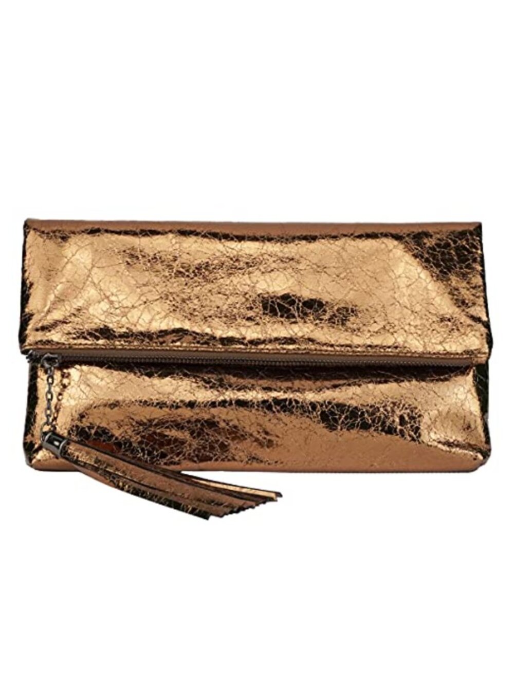 JNB Cracked Metallic Foldover Clutch with Crossbody Chain